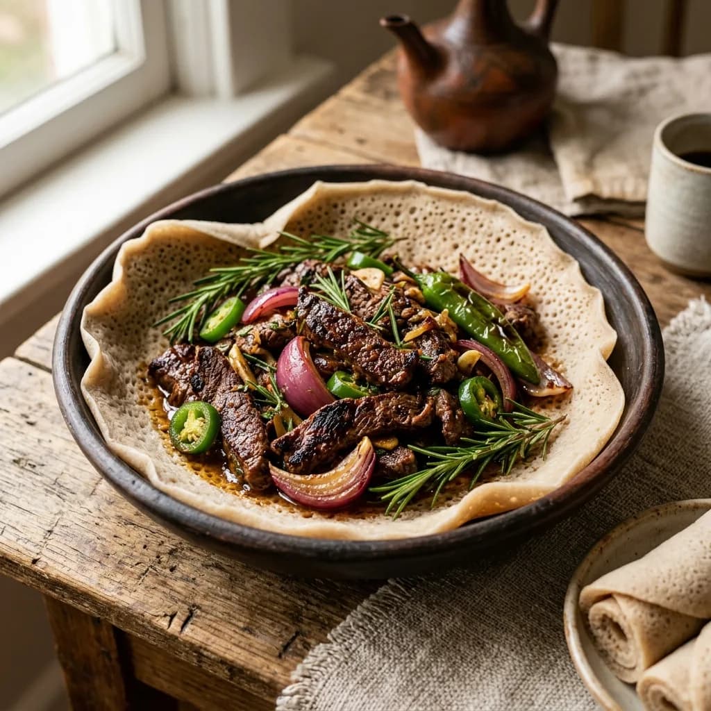 Recipe cover: Ethiopian Pan-Seared Beef Tibs With Rosemary And Green Chiles