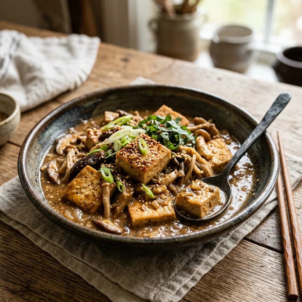 Recipe cover: Korean Perilla And Soybean Paste Braised Tofu With Mushrooms