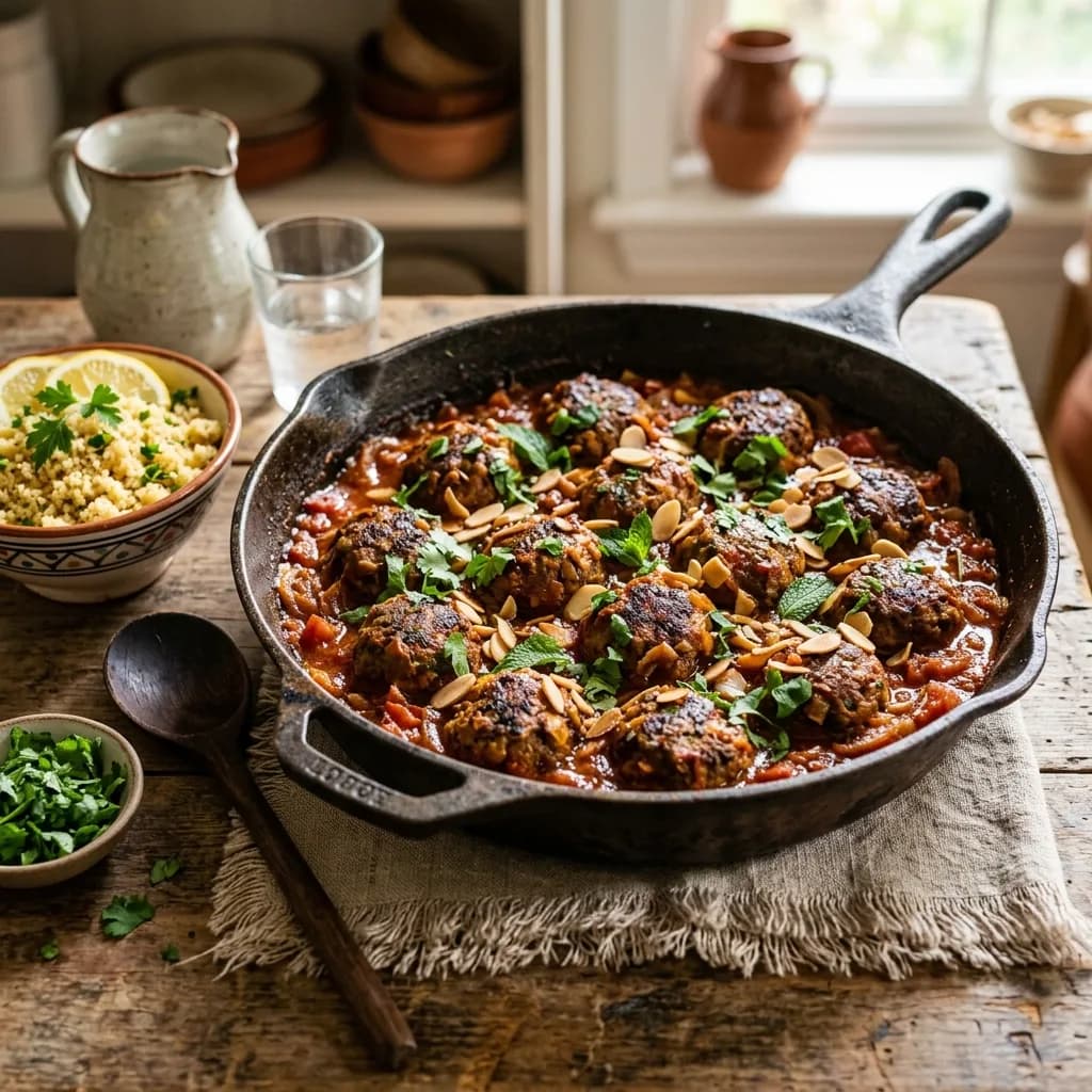 Recipe cover: Moroccan Cinnamon Braised Beef Kefta Skillet