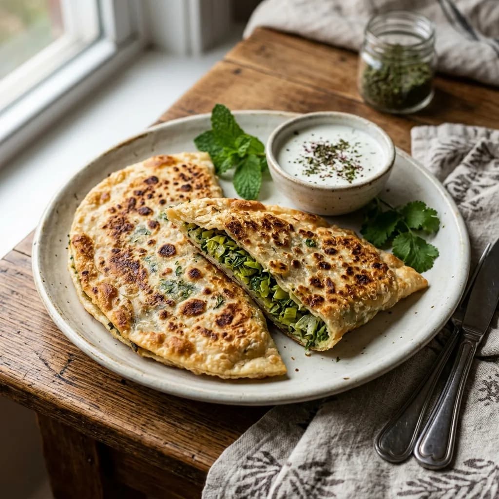Recipe cover: Afghan Minted Leek And Herb Pan-Seared Flatbreads
