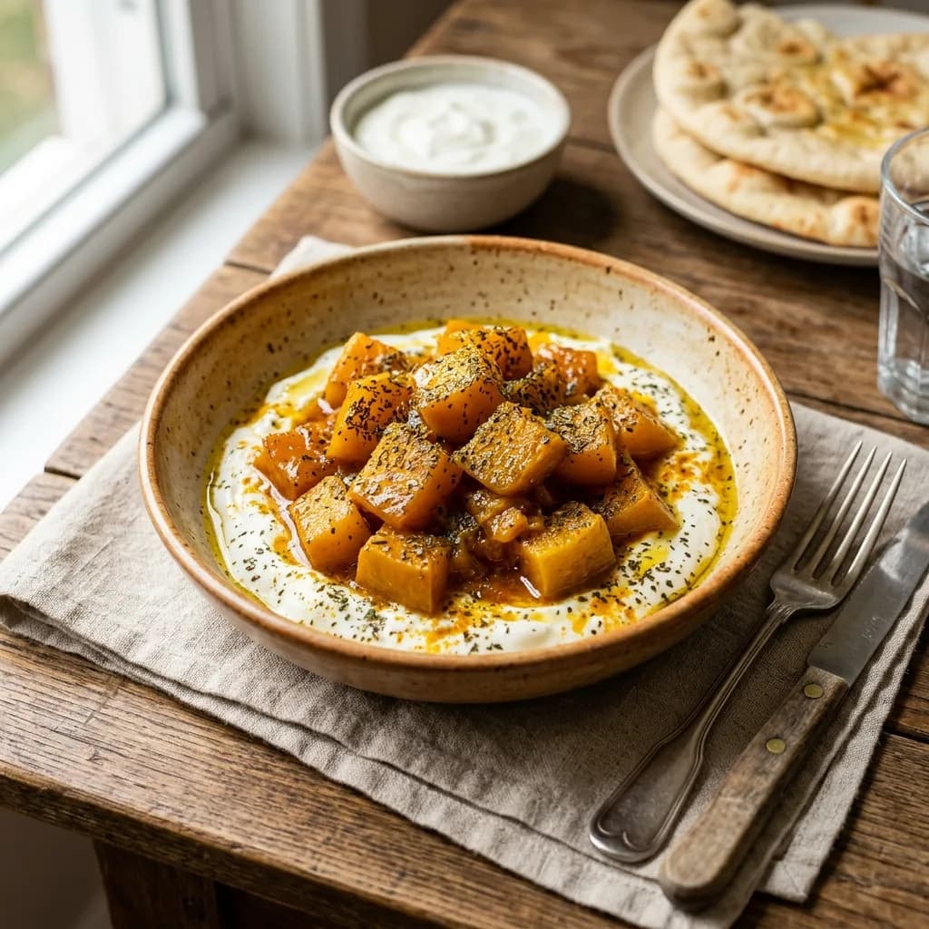 Recipe cover: Afghan Sweet Turmeric Pumpkin Braise With Mint Garlic Yogurt