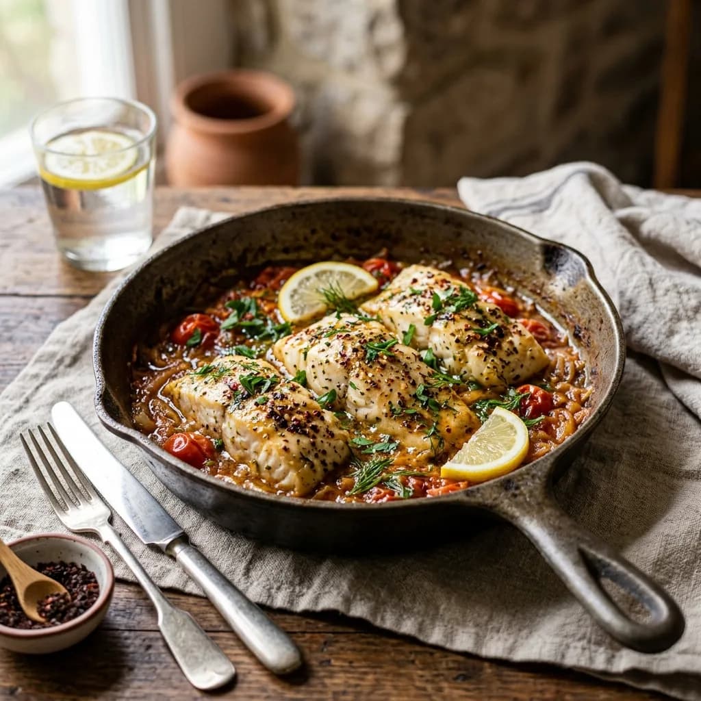 Recipe cover: Turkish Skillet Braised Cod With Tomatoes And Urfa Pepper